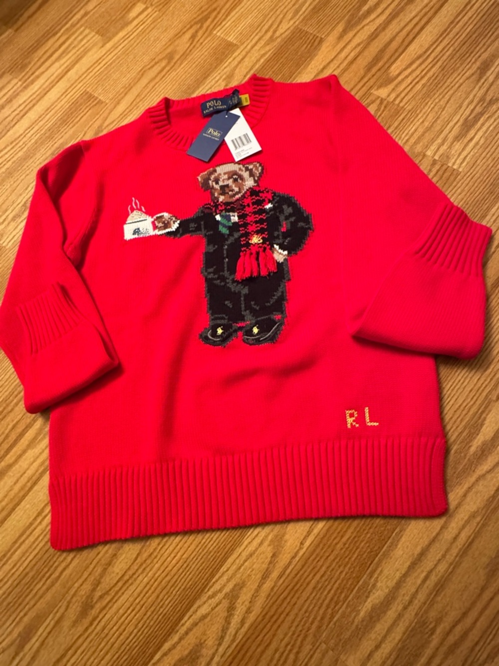 Polo by Ralph Lauren Red Bear Intarsia Crewneck Sweater with Scarf Detail